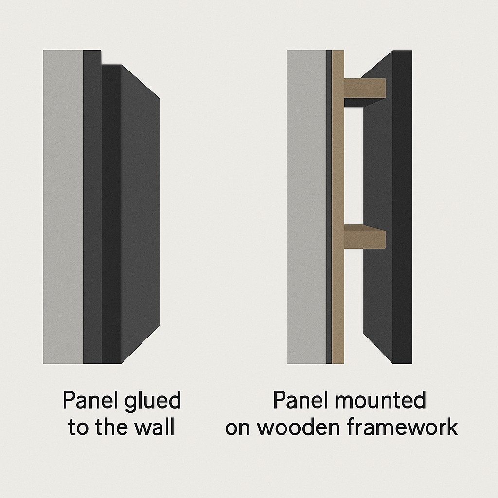Монтаж на клей экономит место, а каркас скрывает неровности.