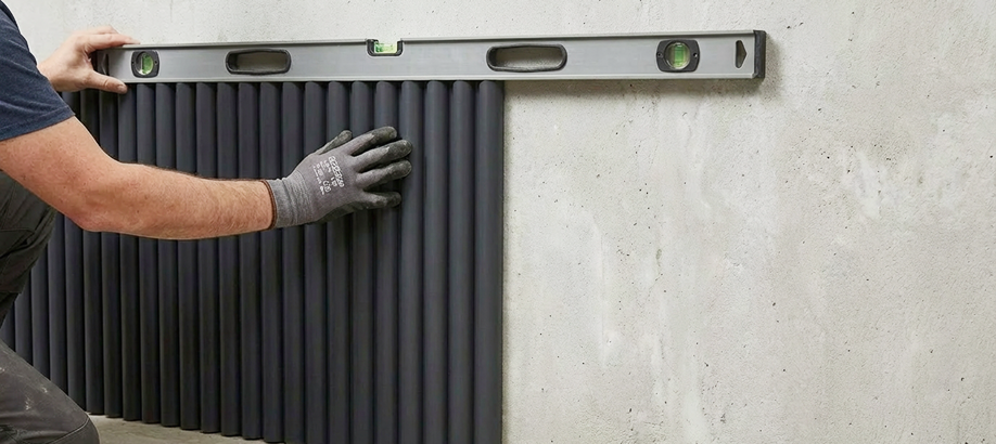 Ключевые этапы работы: проверка ровности стены уровнем и нанесение жидких гвоздей для монтажа МДФ-панелей.